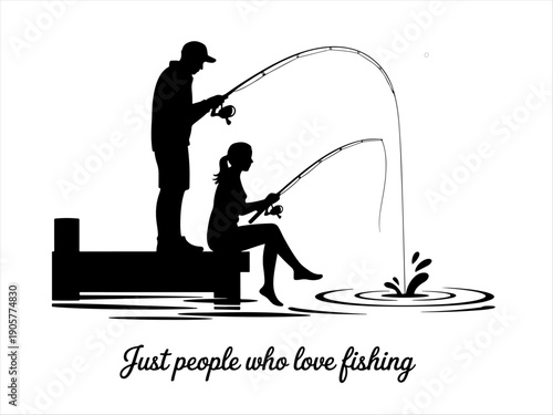 Silhouette of man and woman fishing from dock, one seated, one standing, rods cast with splash in water