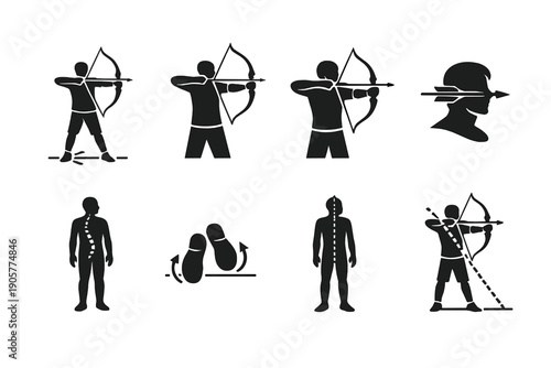 Archery and sports icon set. Featuring archer, bow, target, arrow, stance, aim, skill, precision, sport, competition, equipment, focus, training, challenge.