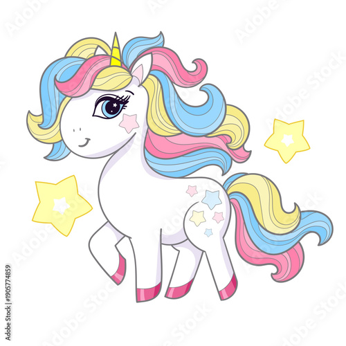 A little white unicorn pony with a rainbow mane and stars. Isolated on a white background. Suitable for children's prints, posters, cards, stickers, etc. Vector illustration.