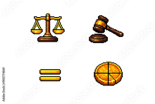 Legal and Justice Icons Set: Scale, Gavel, Equality, Pie Chart, Law, Justice, Verdict, Court