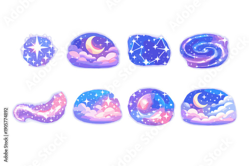 Cosmic and celestial icons set. Containing star, moon, galaxy, cloud, nebula, planet, constellation, sparkle and more.