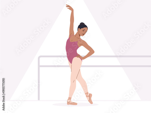 A vector graphic illustration of a ballet dancer in a pink leotard performing a pose in a dance studio