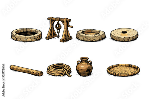 Ancient Tools and Utensils Icon Set. Featuring well, mortar, jug, rope, stone, basket, wood, and more.