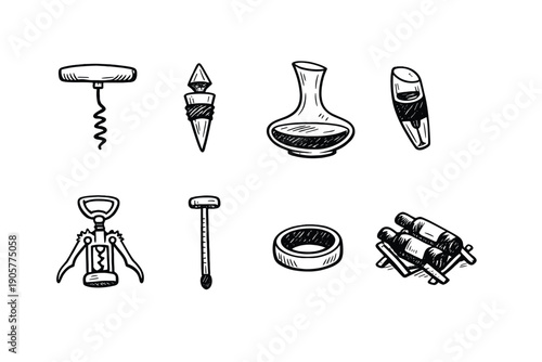 Beverage accessories icon set. Containing corkscrew, bottle, glass, opener, cork, decanter, container, gift and more.
