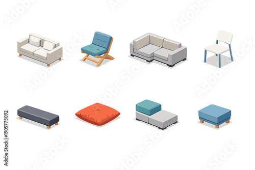 Furniture and Seating Icon Set. Containing sofa, chair, armchair, cushion, bench, ottoman, and couch.
