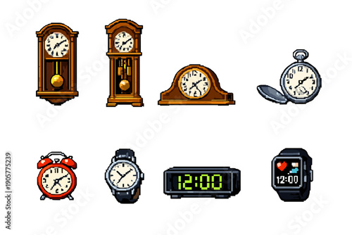 Time and Clock Icon Set. Containing watch, alarm, chronometer, hourglass, digital, schedule, timer, pendulum, stopwatch and more.