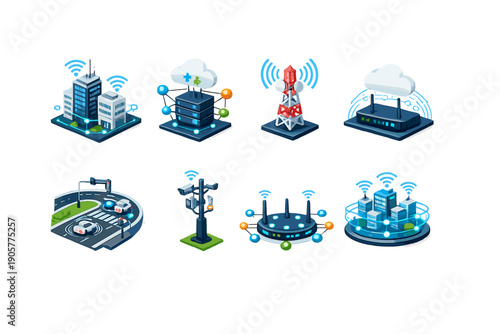 Smart technology icon set. Containing cloud, network, tower, city, buildings, connection, data, signal, device, and more.