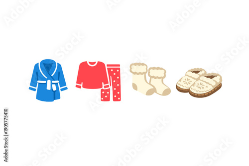 Clothing and footwear icon set. Featuring sweaters, pajamas, boots, slippers, socks, dresses, hats, and more.