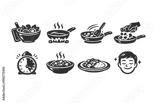 Cooking and food icons set. Featuring bowl, pan, soup, pot, meal, cooking, dish, plate, timer, chef and more.