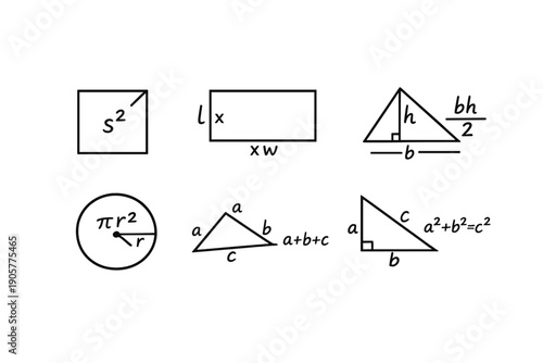 Mathematics Icon Set: Geometry, Triangle, Rectangle, Circle, Area, Volume, Equation, Pythagorean