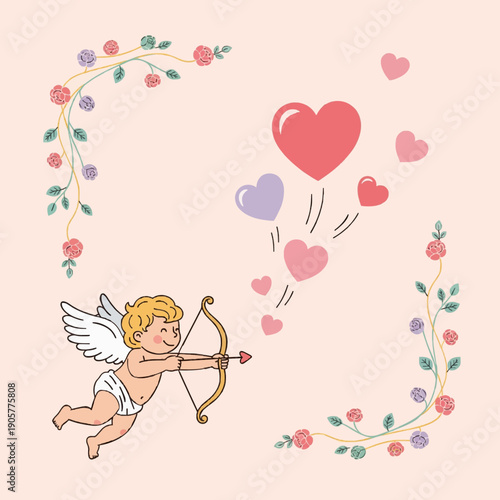 Charming little Cupid shoots a flurry of colorful hearts with his golden bow, framed by delicate floral arrangements, symbolizing love and romance for Valentine's Day celebrations