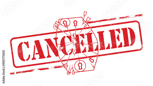 Cancellation Stamp: A bold red cancellation stamp signifies the act of canceling or voiding something, often associated with contracts or events.