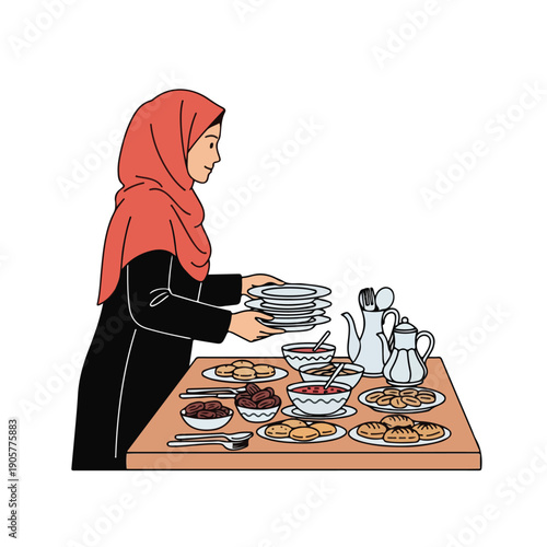 Woman in Headscarf Serving Traditional Food on Table
