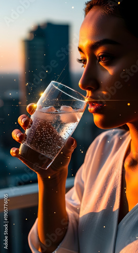 Young woman drinking sparkling water from a glass during golden hour on an urban balcony for wellness hydration concept and luxury lifestyle
