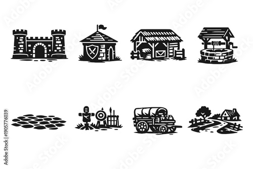 Medieval icons set. Containing castle, village, barn, knight, well, cart, field, road and more.