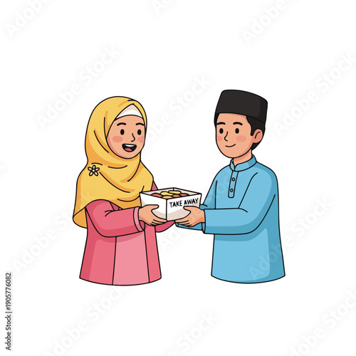 Man and Woman Exchanging a Parcel in Simple Cartoon Illustration Style