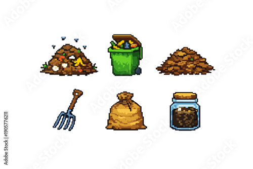 Waste Management Icon Set: Trash, Compost, Recycling, Garden, Bin, Cleanup, Tools, Disposal, Bag, Jar