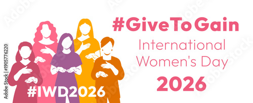Give to Gain campaign pose. International Women's Day 2026. Diverse women demonstrate open palms giving gesture, with hand on their hearts to show generosity, collaboration and support for all women