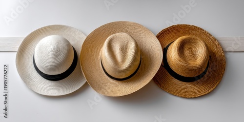 Minimalist layout with three different styles of sombrero hats arranged on white table background 