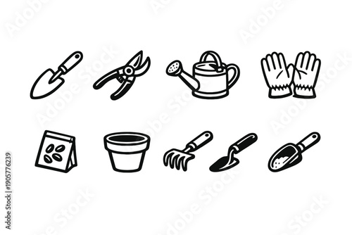 Gardening Tools Icon Set. Featuring trowel, pruner, watering can, gloves, seeds, pot, rake, shovel, spade and more.