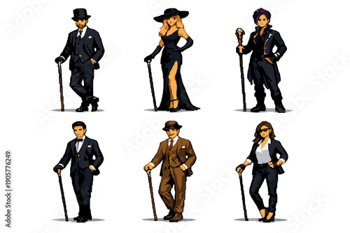 Fashion Icon Set: Featuring Stylish Attire, Suits, Hats, Canes, Dresses, Accessories, and More