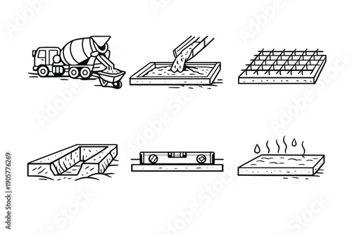 Construction and Building Icons Set. Including mixer, concrete, tools, foundation, leveling, and surface.
