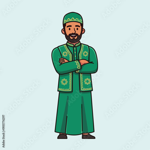 Man Wearing Traditional Green Outfit with Embroidered Vest Standing