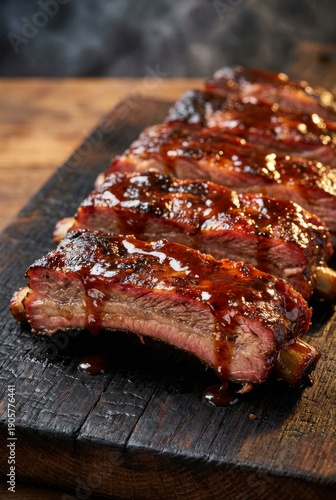 Succulent barbecue ribs with glaze on rustic wooden board for delicious dining experience