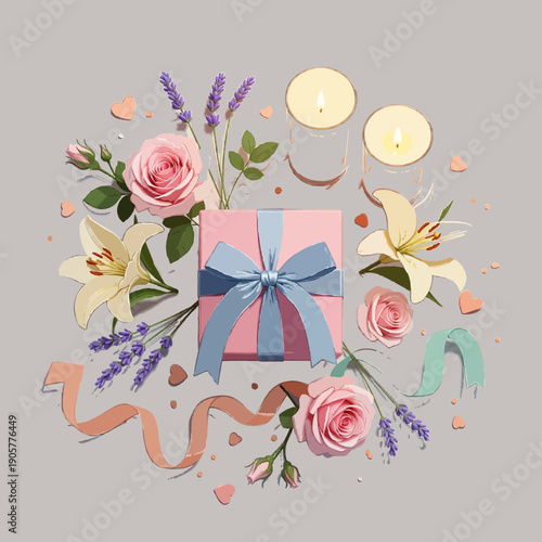 Gift box with a blue ribbon, surrounded by pink roses, white lilies, lavender, and two lit candles, forming a beautiful arrangement for celebrations and gifting