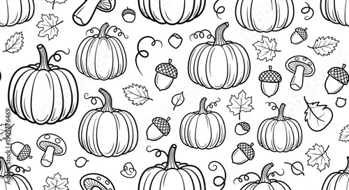 Adorable black and white seamless pattern featuring pumpkins, acorns, mushrooms, and autumn leaves
