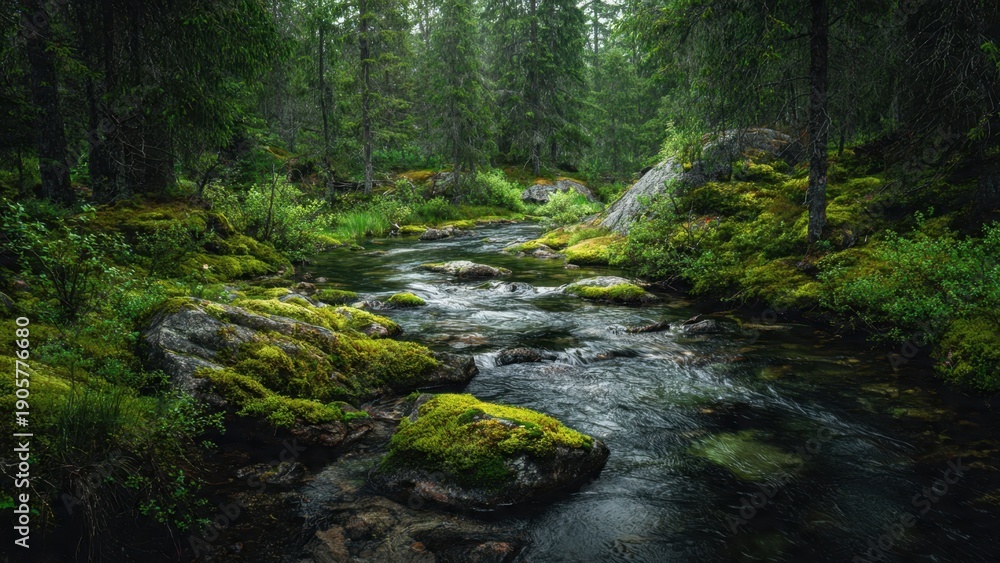 Obraz premium Forest Stream with Mossy Rocks