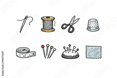 Sewing and Crafting Icon Set. Featuring needle, thread, scissors, thimble, tape measure, pins, and fabric.
