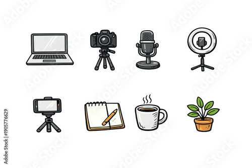 Media and technology icon set. Containing laptop, camera, microphone, ring light, smartphone, notebook, coffee, plant.