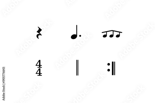 Music and sound icon set. Containing note, melody, rhythm, tone, beat, staff, soundwave, harmony, scale, dynamics, chord, clef, metronome, tempo, acoustic, pitch, syncopation,