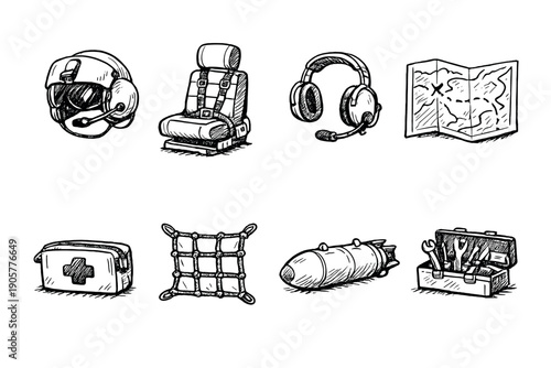 Military and Survival Icon Set. Containing helmet, seat, headset, map, first aid, net, bomb, tools.