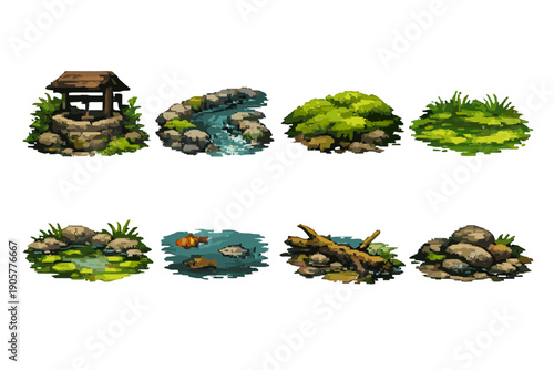 Nature and Landscape Icons Set. Containing well, stream, rocks, water, plants, pond, lily, fish, and more.