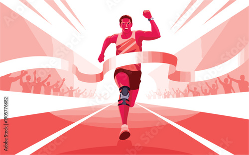 A determined athlete with a prosthetic leg crosses the finish line in a dynamic and vibrant illustration
