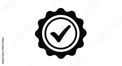 Simple black and white verified badge icon featuring a bold check mark symbol inside a seal