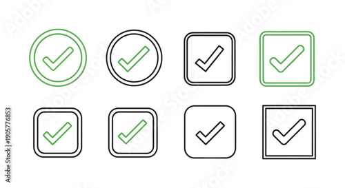 Set of eight minimalist outline icons depicting various styles of checkmarks within circular and square shapes