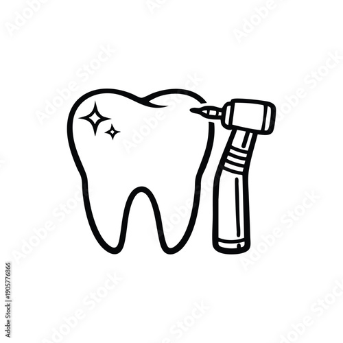 Black and white vector tooth cleaning with dental drill icon for dentistry and oral care