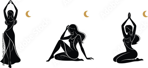 Vector Illustration Set of Mystic Woman Silhouettes with Golden Moon for Celestial Magic Astrology Esoteric Branding and Minimalist Spiritual Graphic Design Projects