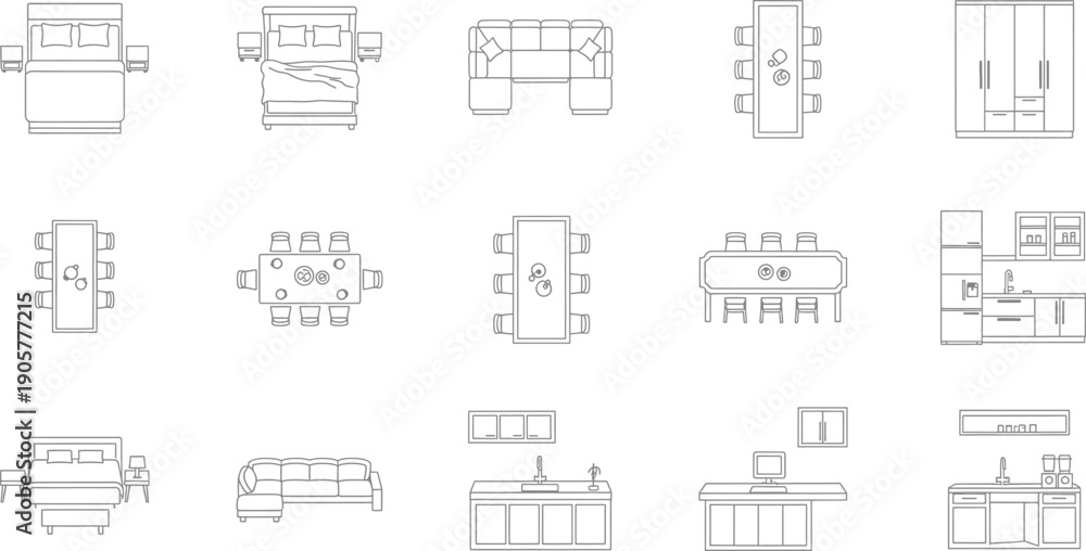 Fototapeta premium A collection of 12 black and white technical furniture drawings isolated on transparent background