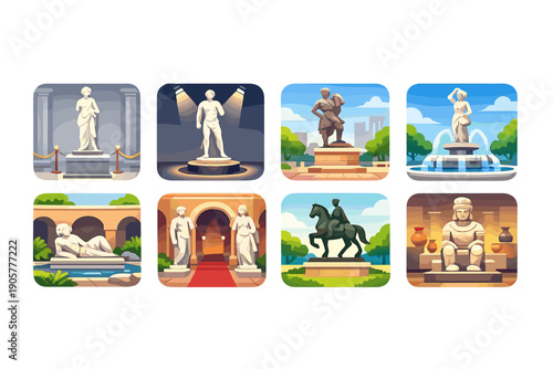 Statue and sculpture icons set. Featuring art, monument, heritage, history, culture, decoration, creativity, craftsmanship, design, and more.