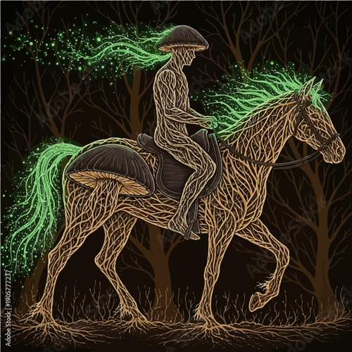 Mystical Root Spirit Riding Wooden Horse with Glowing Green Spores in Dark Forest, Surreal Mushroom Fantasy Concept Vector Illustration