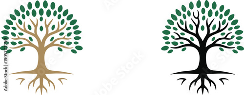 Twin tree illustration, mirrored nature artwork, symmetrical design concept, green leaves canopy, roots and trunk variation, eco friendly symbol, environmental growth theme