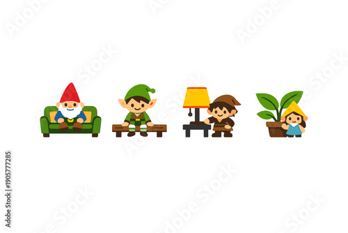 Character and decoration icon set. Containing gnome, elf, lamp, child, plant, furniture, sofa, table, and more.