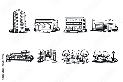 Building and urban elements icon set. Including apartment, shop, office, warehouse, patio, street, park, tree, and more.