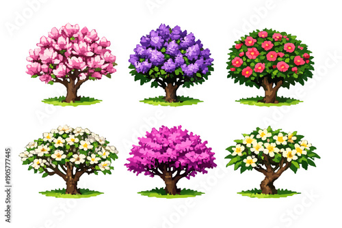Flower and tree icon set. Featuring blooming, nature, botanical, garden, foliage, flora, blossom, shrub, plant, and more.