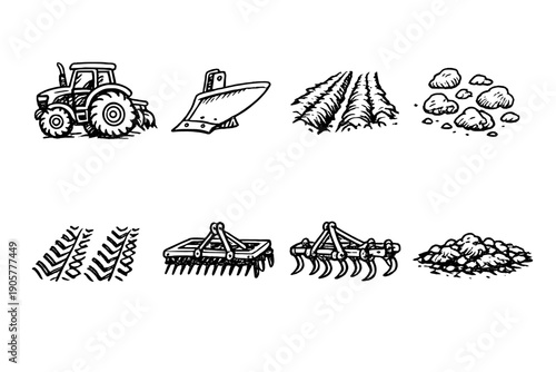 Farming and Agriculture Icon Set. Containing tractor, plow, field, soil, crops, tillage, harvester, equipment, and more.