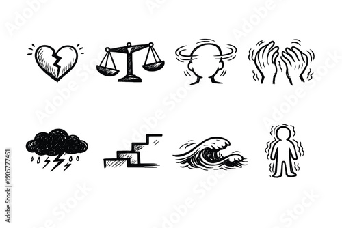 Emotional and situational icons set. Featuring heartache, balance, confusion, struggle, storm, stairs, wave, and more.